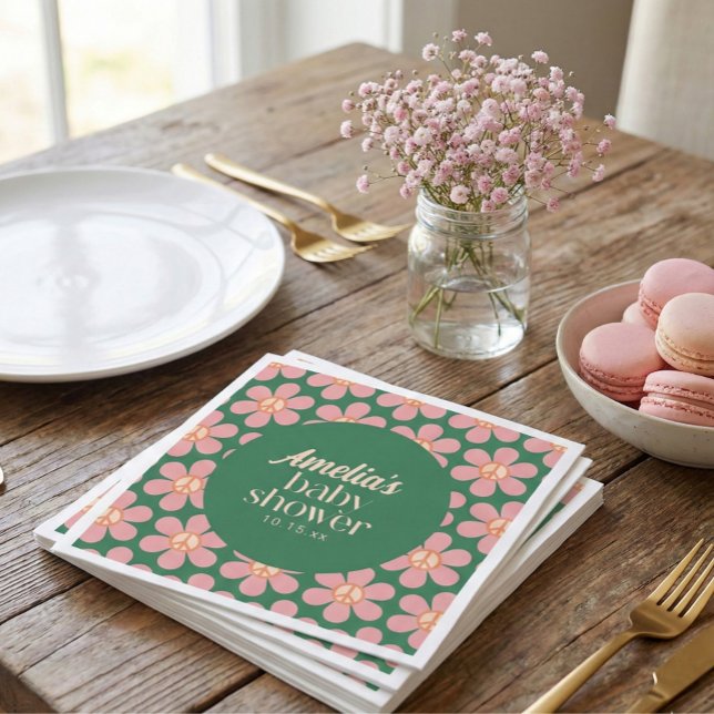 Serviette En Papier Retro Peace Sign Flower Green Pink Baby Shower  (Créateur téléchargé)