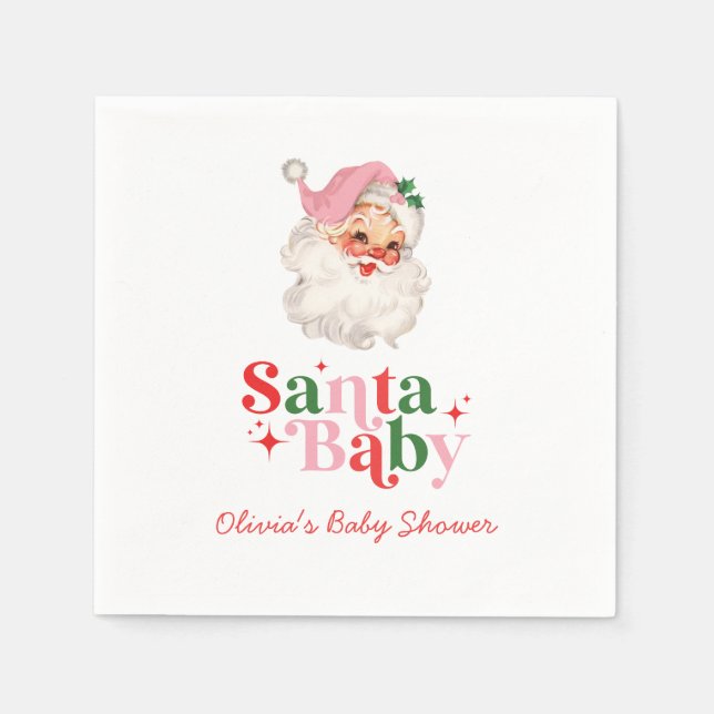 Serviette En Papier Retro Pink Santa Baby christmas baby shower (Devant)