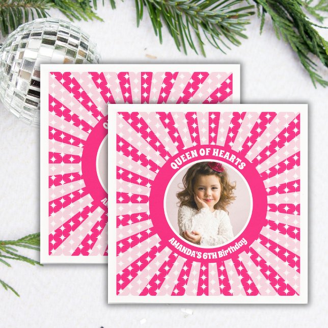 Serviette En Papier Retro Reine des Coeurs Rose Photo de fête d'annive (Créateur téléchargé)