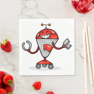 Serviette En Papier Retro Robot Cartoon amusant Rouge et Argent AI Bot