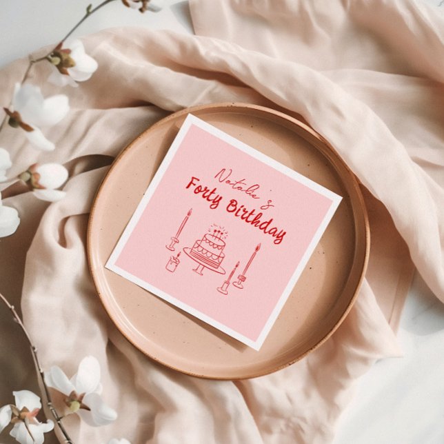 Serviette En Papier Rétro Rouge rose 40ème Main tiré gâteau Quarante A (Créateur téléchargé)