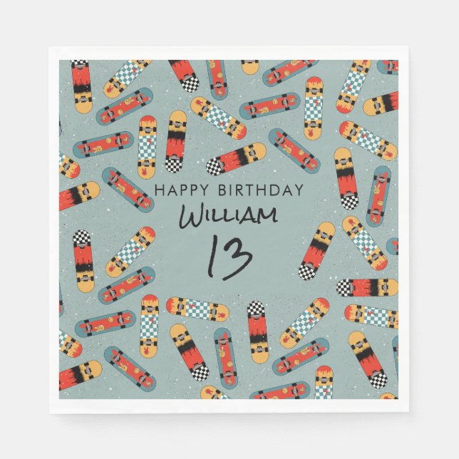 Serviette En Papier Retro Skateboard Blue Cool Skateboard Anniversaire (Devant)