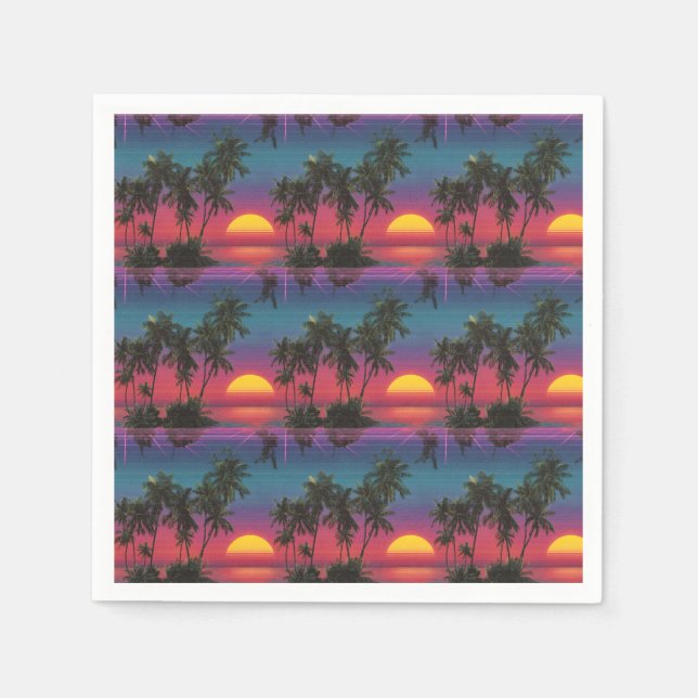 Serviette En Papier Retro Synthwave Palm Tree Sunset Pattern (Devant)