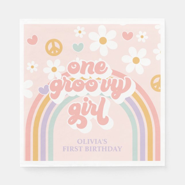 Serviette En Papier Retro Une Super fille Arc-en-ciel 1er anniversaire (Devant)