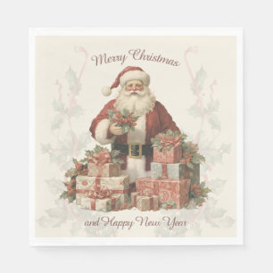 Serviette En Papier Retro Vintage Père Noël Holly Joyeux Noël