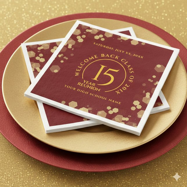 Serviette En Papier Réunion de classe du collège Red & Gold School (Elegant 15-Year Class Reunion Red and Gold Glitter Napkins Cover Photo)