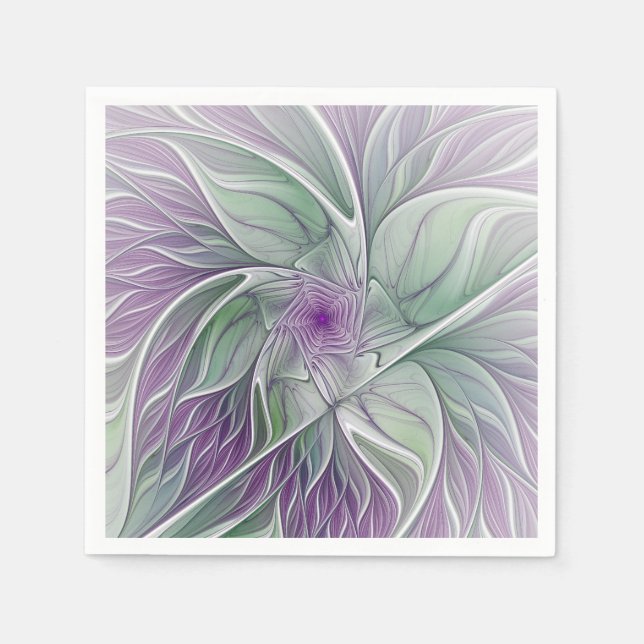 Serviette En Papier Rêve de fleurs, Abstrait violet vert Fractal Art (Devant)