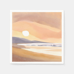 Serviette En Papier Rivage de coucher de soleil jaune   Peinture aquar