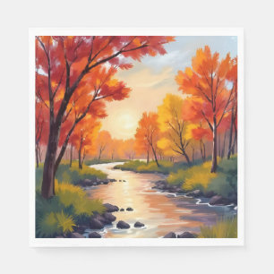 Serviette En Papier Rivière d'automne   Aquarelle de feuillage d'autom