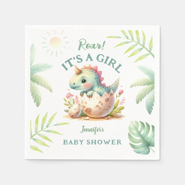 Serviette En Papier Roar C'est une fille mignonne Baby shower Dinosaur (Devant)