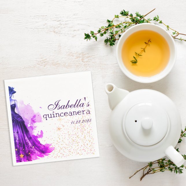 Serviette En Papier Robe de Quince gothique glamour violet ( These are napkins intended for a Quinceañera, designed with a Gothic Glam aesthetic.)