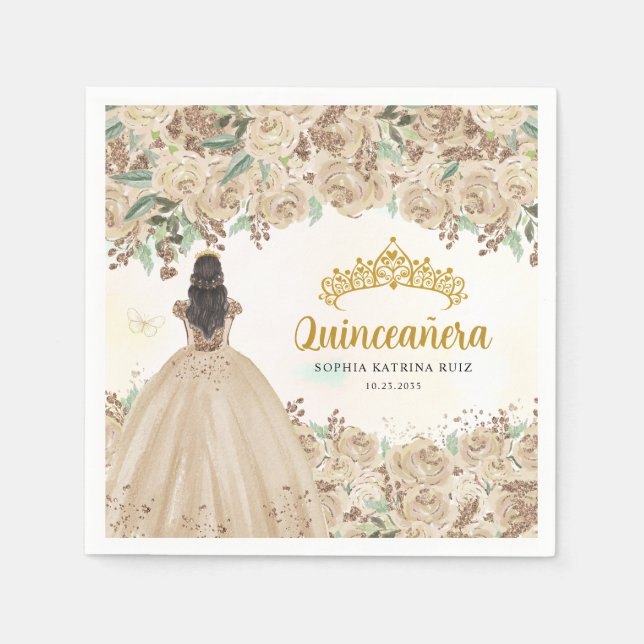 Serviette En Papier Robe d'or clair Floral Princesse Tiara Quinceanera (Devant)