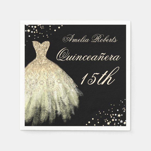 Serviette En Papier Robe dorée noire Quinceanera Napkin (Devant)