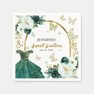 Serviette En Papier Robe Florale Émeraude Verte "Sweet 16" Papillon