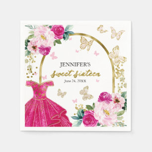 Serviette En Papier Robe Florale Rose Chaud "Sweet 16" Papillon