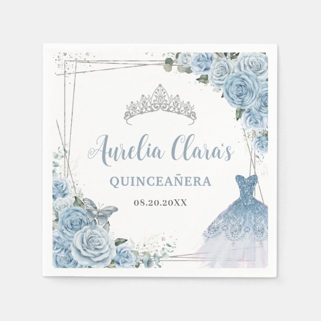 Serviette En Papier Robe Flore Bleu Bébé Gown Argent Quinceañera (Devant)