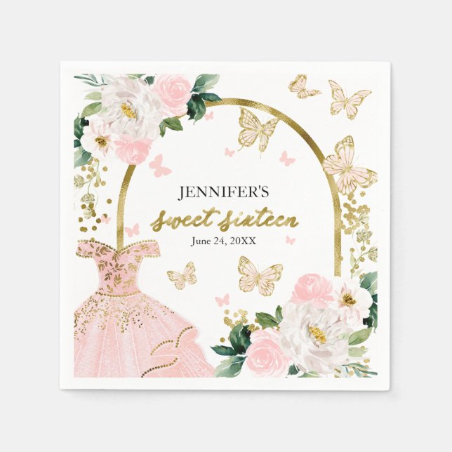Serviette En Papier Robe rose floral blush "Sweet 16" Papillon (Devant)