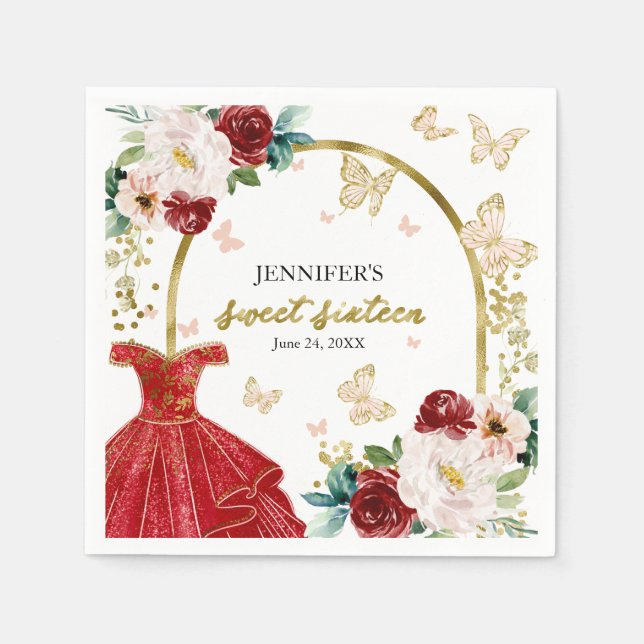 Serviette En Papier Robe rouge florale papillon Sweet 16 (Devant)