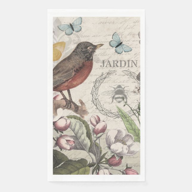 Serviette En Papier Robin Elegant Bird Butterfly French Art (Devant)