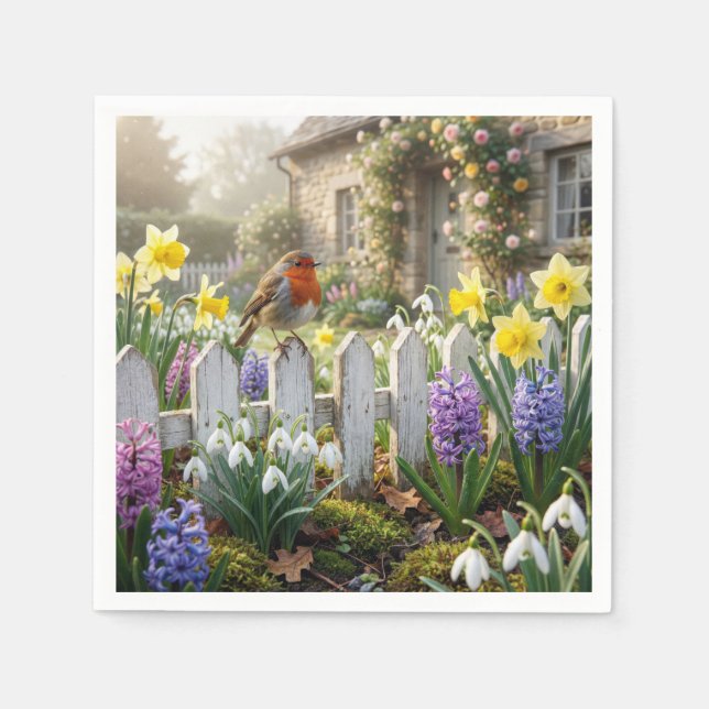 Serviette En Papier Robin On a Spring Garden Picket Fence (Devant)