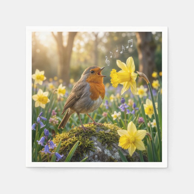 Serviette En Papier Robin Singing Into a Daffodil (Devant)