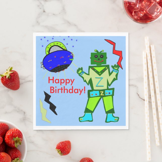 Serviette En Papier Robot Bleu Cute Boy Navire Anniversaire (En situation)
