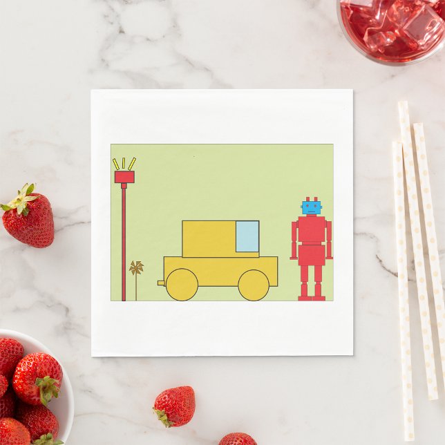 Serviette En Papier Robot Géométrique Rétro et Voiture Jaune (Créateur téléchargé)