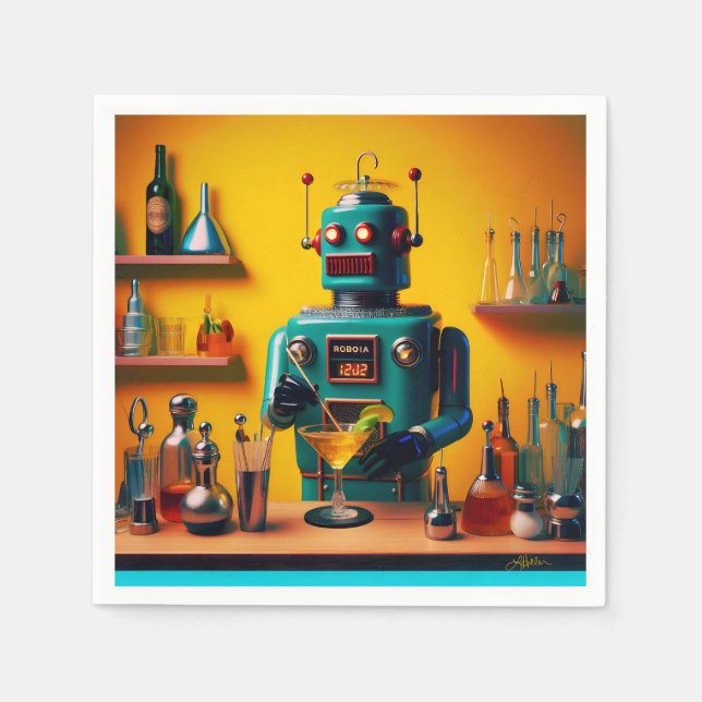 Serviette En Papier Robot Rétro Futuriste ROBIA 12J2 Mixologue (Devant)