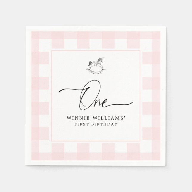 Serviette En Papier Rocher Cheval rose En vichy 1er Anniversaire servi (Devant)