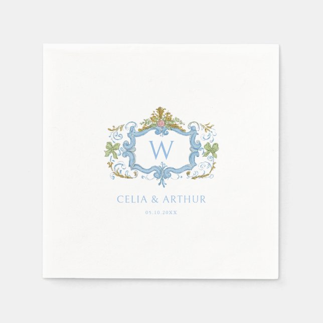 Serviette En Papier Rococo Blue Monogram Crest Wedding  (Devant)