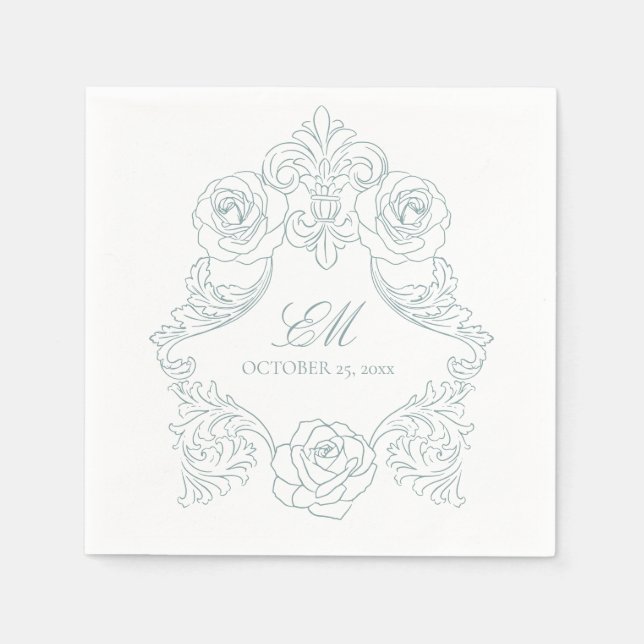 Serviette En Papier Rococo Crest Monogramme Dusty Blue Mariage Logo (Devant)