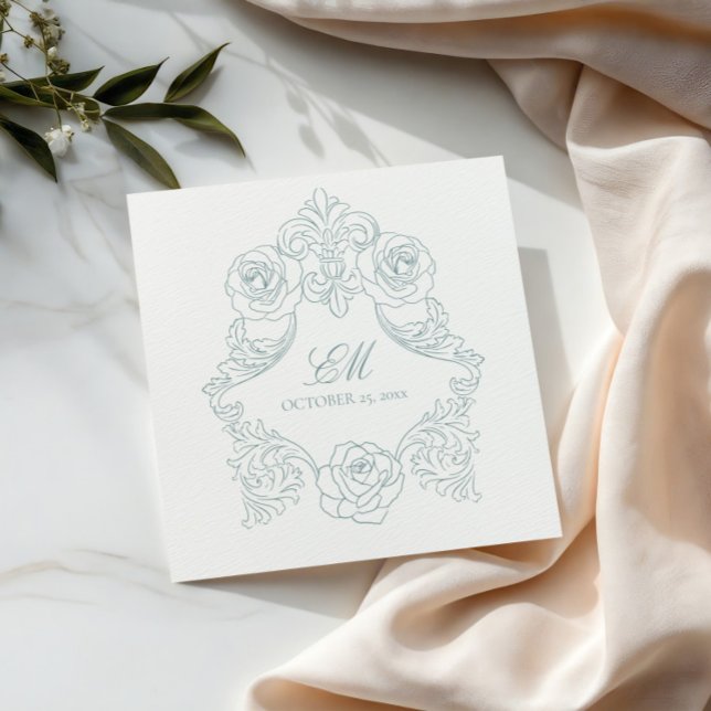 Serviette En Papier Rococo Crest Monogramme Dusty Blue Mariage Logo (Créateur téléchargé)