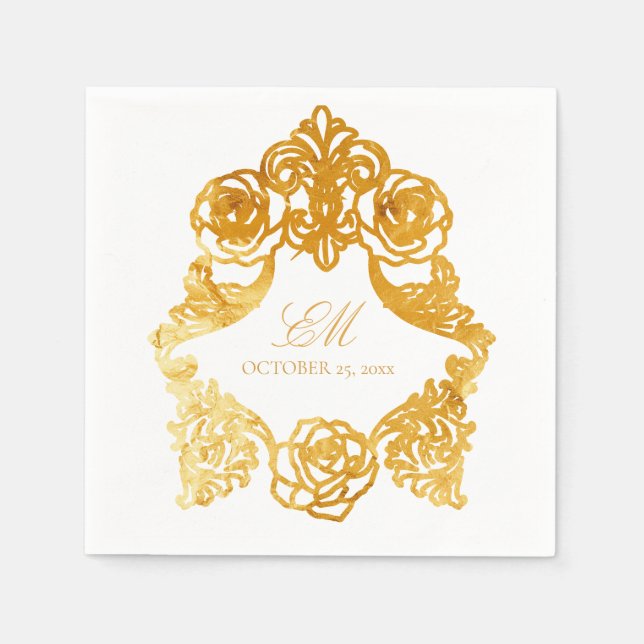 Serviette En Papier Rococo Crest Monogramme Golden Foil Mariage Logo (Devant)
