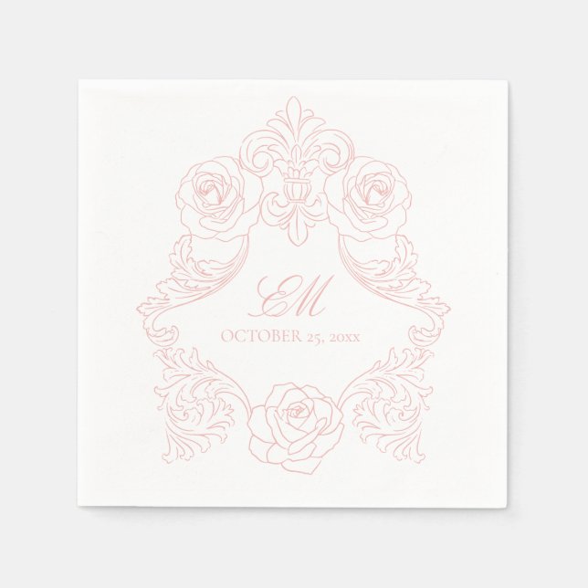 Serviette En Papier Rococo Crest Monogramme Mariage rose Logo (Devant)
