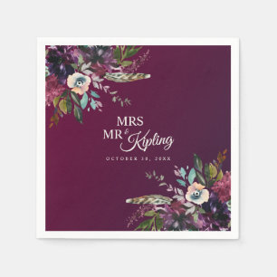 Serviette En Papier Romantic Bourgogne Floral Mr & Mrs Mariage