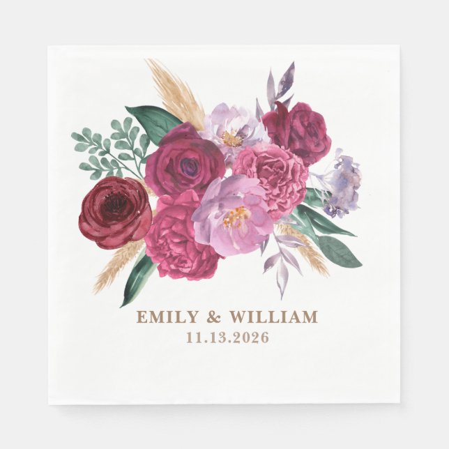 Serviette En Papier Romantic Dark Moody Burgundy Maroon Floral Wedding (Devant)