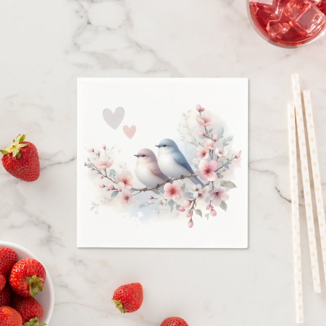 Serviette En Papier Romantic Love Birds Cherry Blossom Branch (En situation)
