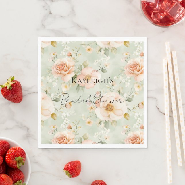 Serviette En Papier Romantic Peach Mint Roses Floral Bridal Shower (En situation)