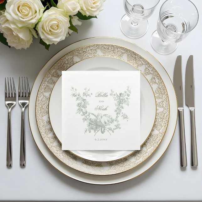 Serviette En Papier Romantic Sage Floral Wreath w/Lovebirds Wedding (Créateur téléchargé)