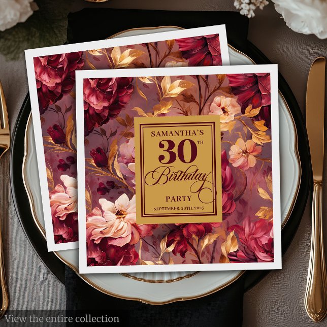 Serviette En Papier Romantique Bourgogne Blush Gold 30e Anniversaire s (Romantic Burgundy Blush Gold 30th Birthday Napkins)