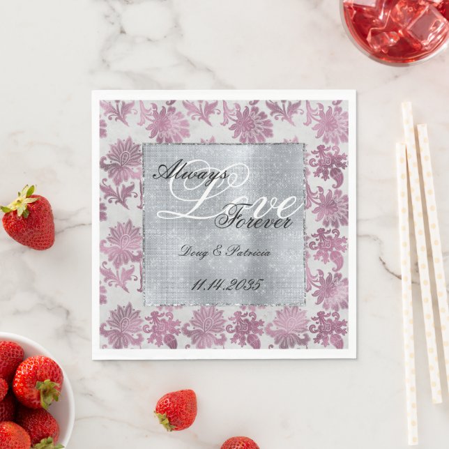 Serviette En Papier Romantique Bourgogne Rouge Argent Mariage Floral (En situation)