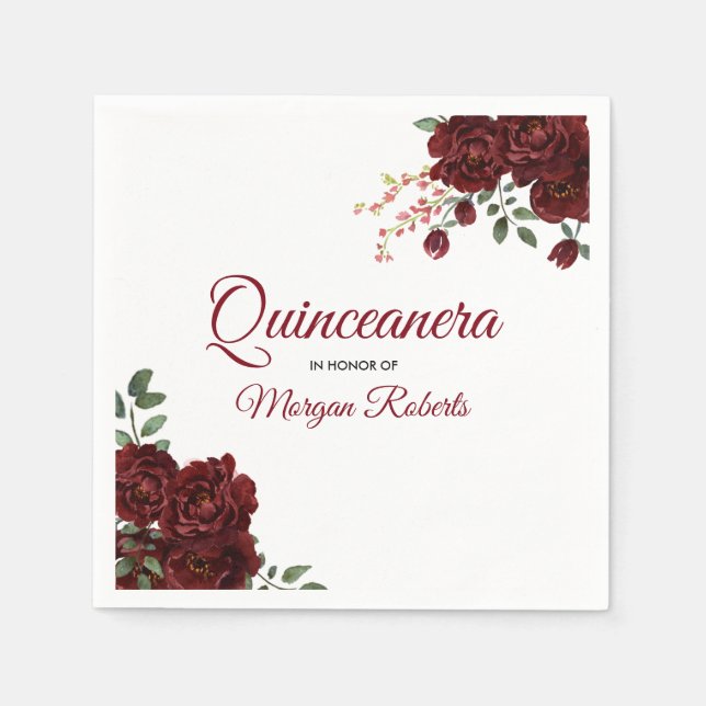 Serviette En Papier Romantique Bourgogne Rouge Rose Floral Quinceanera (Devant)