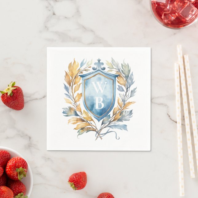 Serviette En Papier Romantique Classique Bleu Monogramme Crest Mariage (En situation)