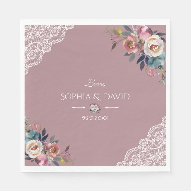 Serviette En Papier Romantique Dusty bleu Dusty Rose Fleurs Mariage (Devant)