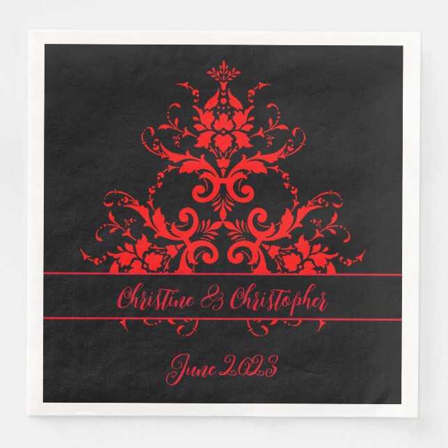 Serviette En Papier Romantique, élégant Vintage Damas rouge  (Devant)