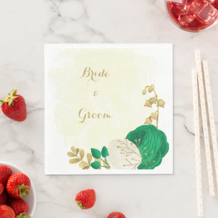 Serviette En Papier Romantique émeraude vert & fleurs blanches or