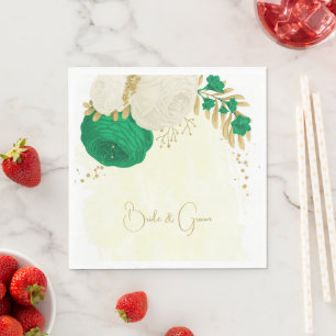 Serviette En Papier Romantique émeraude vert & fleurs blanches or