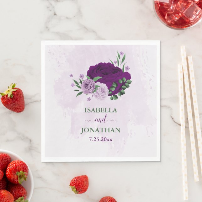 Serviette En Papier Romantique fleurs violet vert mariage (En situation)