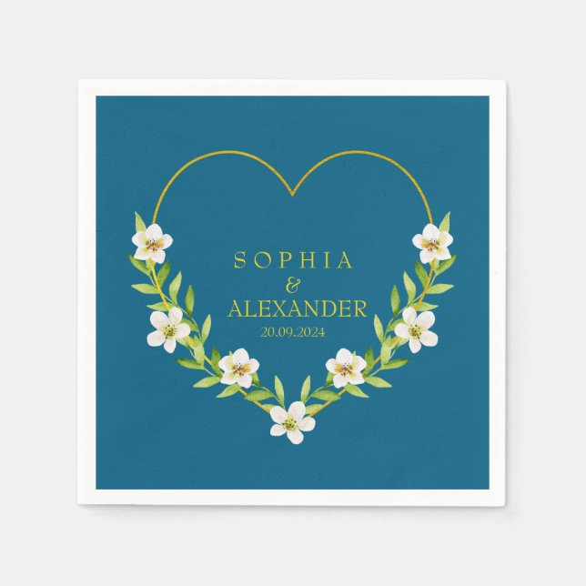 Serviette En Papier Romantique Floral Heart Mariage personnalisable (Devant)