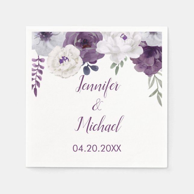 Serviette En Papier Romantique Floral Purple Argent Personnaliser Mari (Devant)
